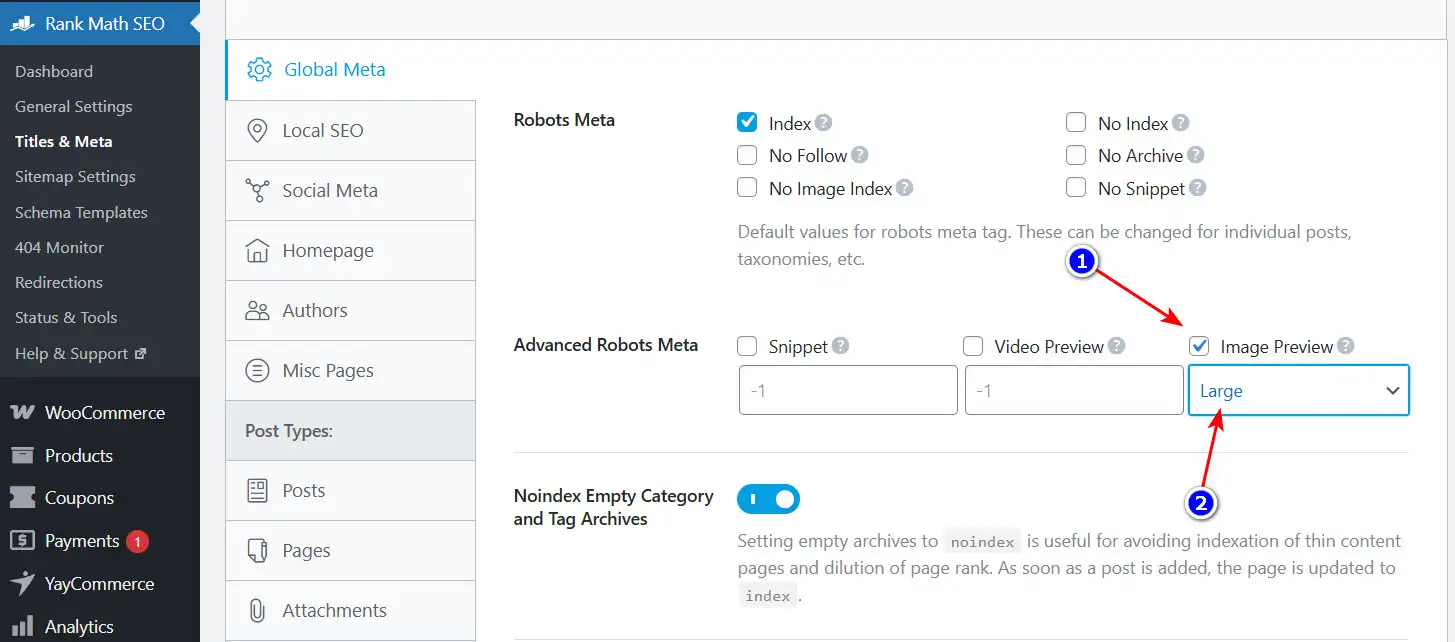 Rank Math global setting showing Image Preview set to Large in Advanced Robots Meta